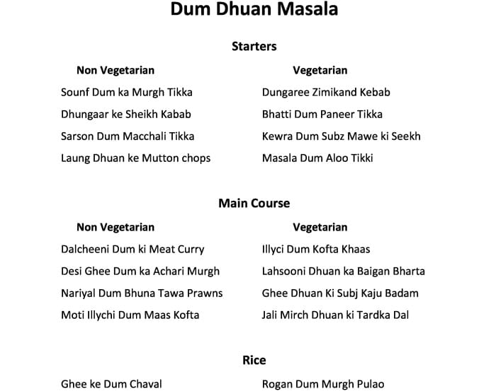 Menu for Dum Dhuan Masala Food Festival at Hilton, Delhi