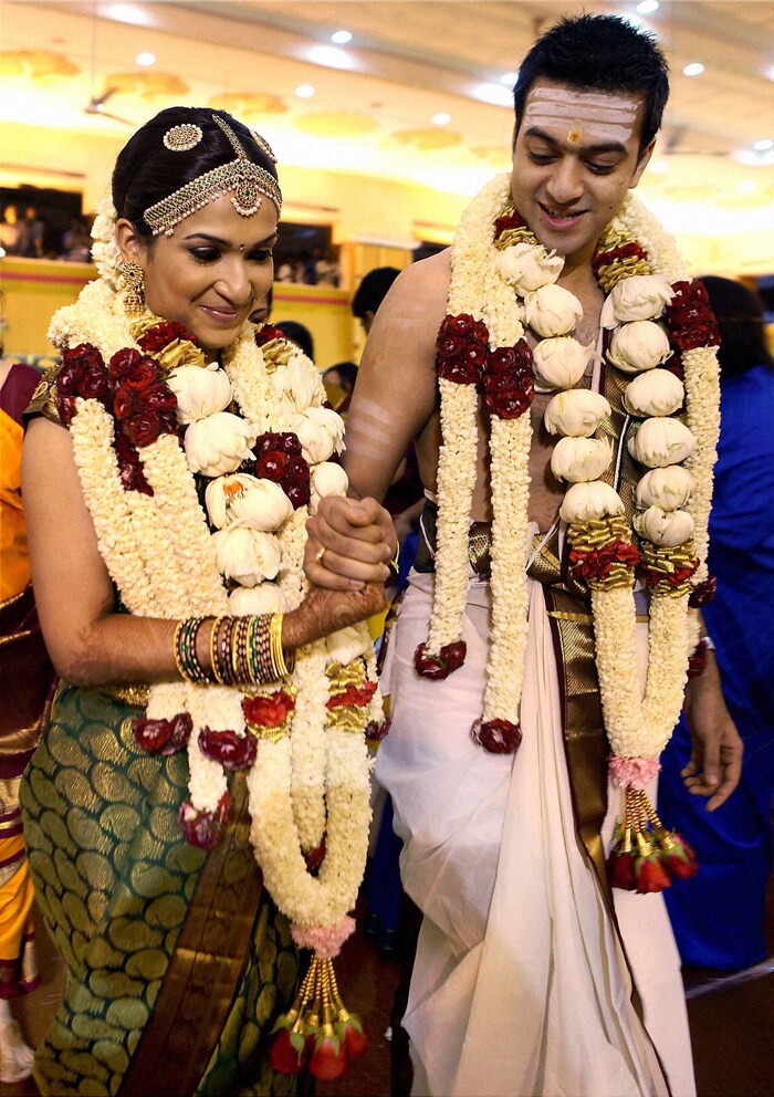 Rajnikanth`s younger daughter Soundarya and Ashwin during their wedding ceremony in Chennai.