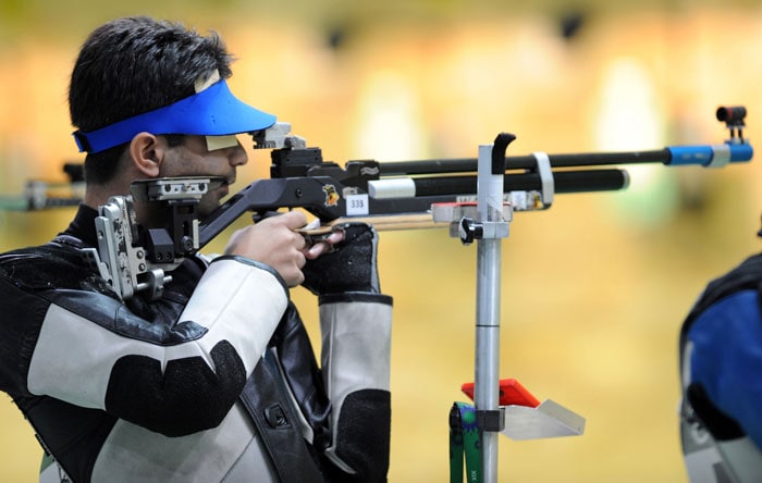 Abhinav Bindra of India competes in the men's Pairs 10m Air Rifle shooting 