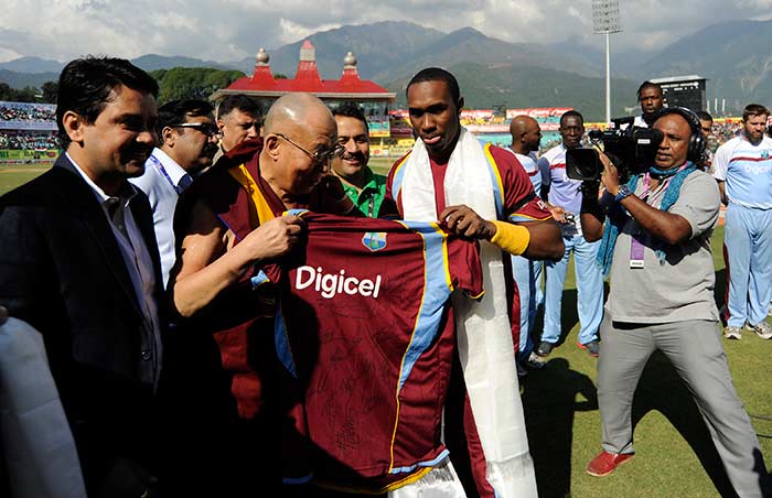 West Indies captain Dwayne Bravo with Dalai Lama in Dharamsala before the start of the 4th ODI vs India. It was later learnt Bravo and his teammates decided to quit the Indian tour over pay disputes with the WICB.