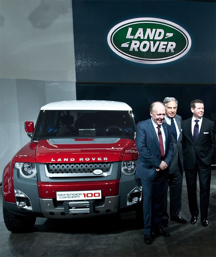 Tata Group chairman Ratan Tata along with Jaguar officials at the launch of new Land Rover Defender 100 concept car at the Auto Expo in New Delhi.