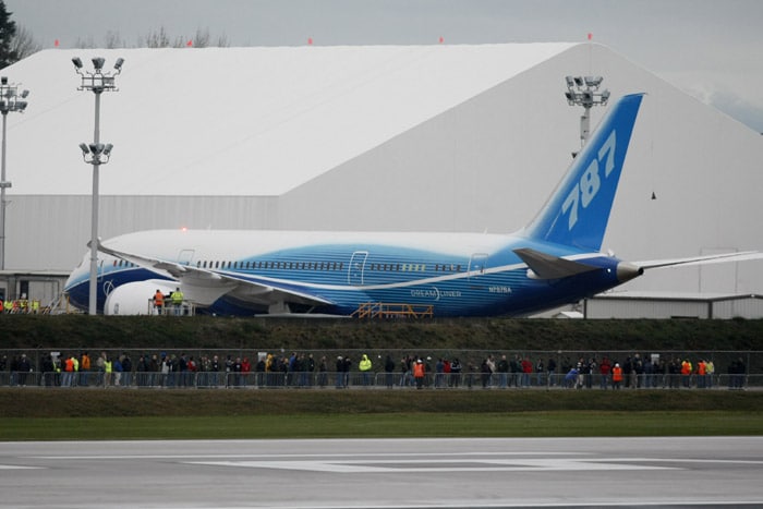 The first production Boeing 787 sits on the tarmac at Paine Field in Everett, Wash. on Tuesday, Dec. 15, 2009. The first flight was supposed to be in 2007, with deliveries the following year. Boeing was forced to push that back five times. The next test flight for the first 787 is expected in about a week.