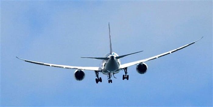 The sixth Boeing 787 test plane is seen just after take off on its first flight. The plane was expected to fly to Moses Lake, Wash, and then to Boeing Field in Seattle. (AP Photo)