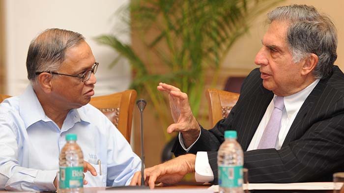 Infosys Chairman NR Narayana Murthy seen with Tata Group chairman Ratan Tata. Mr Murthy said that the meeting was extremely positive. It was almost like the spirit of 1991 when we met the finance minister and the commerce minister.