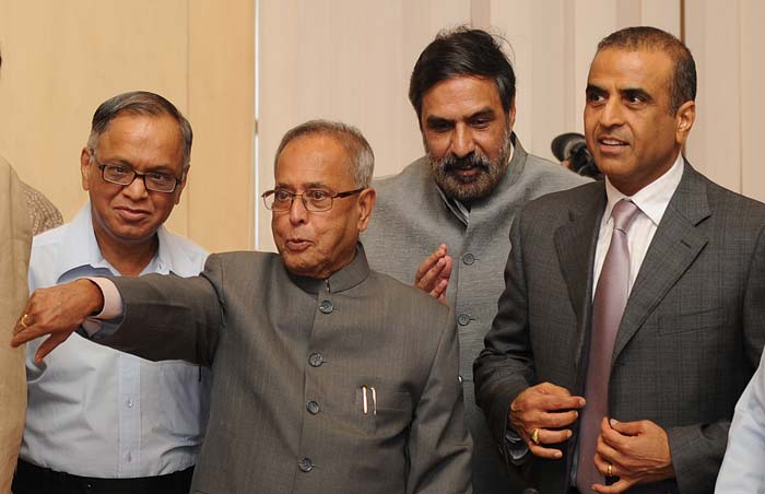 Finance minister Pranab Mukherjee seen with Infosys chairman NR Narayana Murthy, Commerce minister Anand Sharma and Bharti Airtel chairman Sunil Bharti Mittal. <br><br> Mr Mukherjee said that the current growth figures are not as bright. However, he was confident that the fundamentals of the economy remained strong.<br><br> Discussions were underway to undertake further liberalisation of FDI policy, he added.