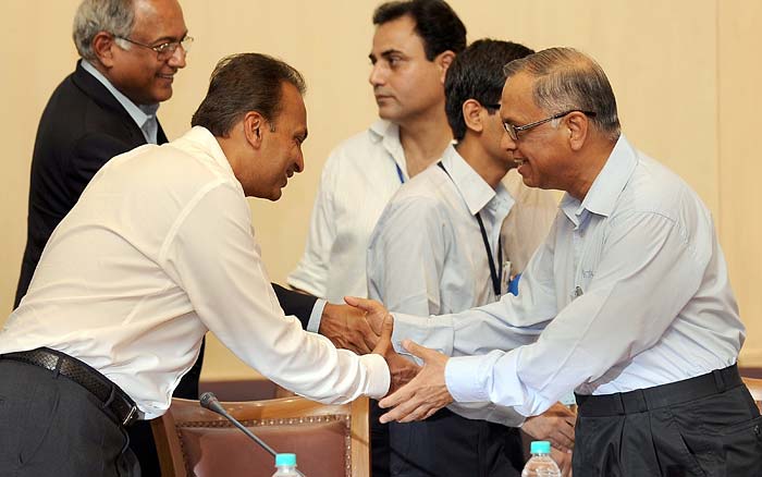 Infosys chairman NR Narayana Murthy greets ADAG chairman Anil Ambani.<br><br> Mr Ambani said the meet would help build momentum needed to catalyse economic growth. The commerce minister was receptive to suggestions made by industry.