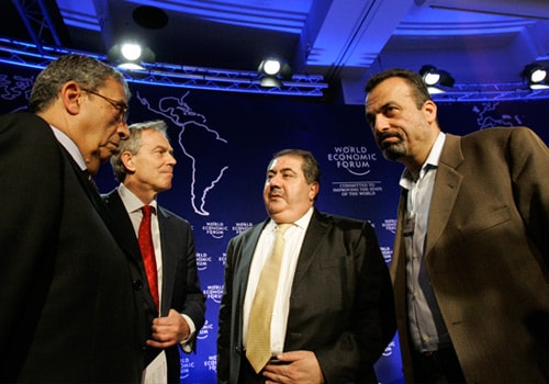 <b>The foursome:</b> From left, Secretary General of the Arab League Amr Moussa, UN Middle East Quartet Representative Tony Blair, Iraq's Foreign Minister Hoshyar Zebari, and Vice-Chairman and CEO, Paltel Group, Palestinian Territories Abdul Al Jaber share a word prior to a session at the World Economic Forum.