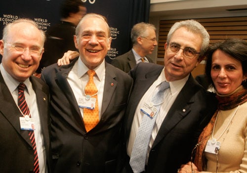 <b>Together in the hour of crisis:</b> From left, Vice Chairman of the American International Group, USA, Jacob Frenkel, Secretary General of OECD Angel Gurria, Former Mexican President Ernesto Zedillo Ponce de Leon, and participant Iris Lavy attend a session at the World Economic Forum.