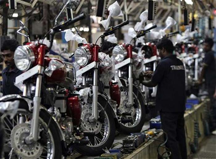 Motorcycles on an assembly line. The company sold just 3,200 bikes overseas last year and is looking to expand its export markets on the strength of its upgraded engines.