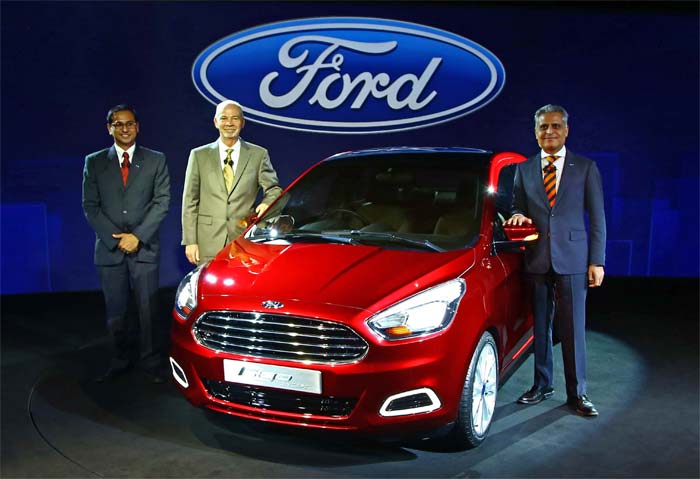 Ford on Monday unveiled the Ford Figo compact sedan concept and this global debut revealed its intentions to foray into this sub-4 metre sedan segment. (L - R) Vinay Piparsania -Executive Director, Marketing, Sales & Service, Ford India; Nigel Harris, President, Ford India and Kumar Galhotra, Vice President, Engineering, Ford Motor Company.