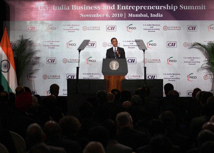 "There is no reason why India cannot be our top trading partner (from 12th position now)... I'm absolutely sure that the relationship between India and the US is going to be one of the defining partnerships of the 21st century," President Obama said addressing the US India Business Council meet. (PTI Photo)