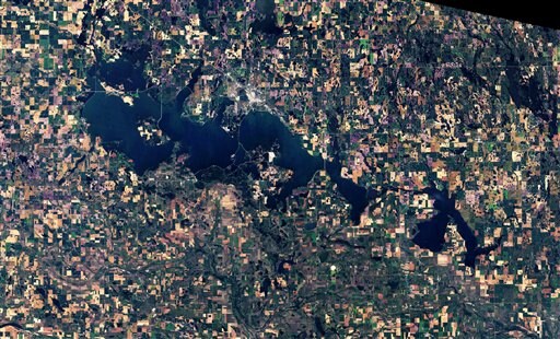 A view of the surface elevation of Devils Lake, ND. The lake, about 160 miles northwest of Fargo, is the largest freshwater body in North Dakota. Since the water began rising in the early 1990s, more than 400 homes around the lake have been relocated or destroyed. (AP)
