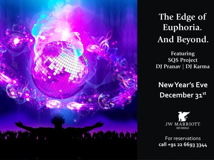 New Year's celebrations at JW Marriott with SQS Project, DJ Pranav and DJ Karma.<br>
Cost: Rs 7500<br><br>
 
Prince and Princess theme party for children at the Family Lounge.<br>
Cost: Rs 1500 <br><br>

Contact: 022 66933344 or 9890568796