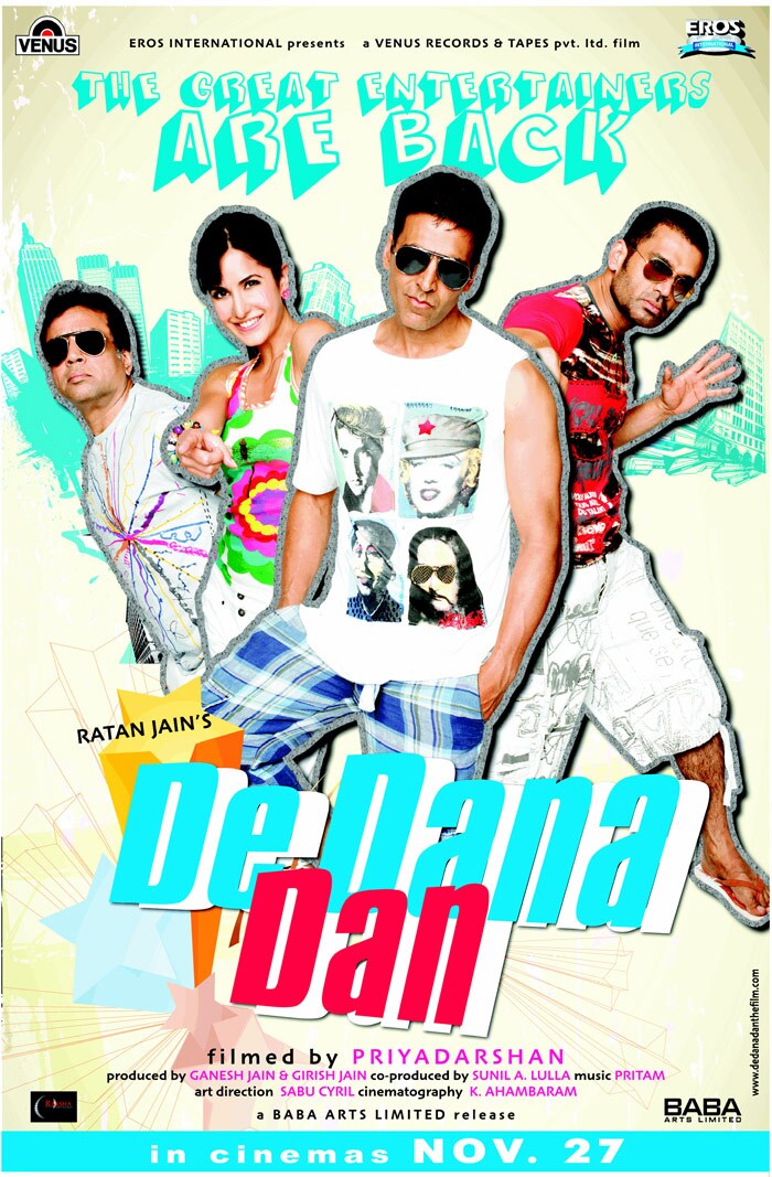 <i>De Dana Dan</i>: Worldwide collection Rs. 57,44,76,664 (Source: Ibosnetwork.com). Plot Summary: Nitin (Akshay Kumar) and Ram (Suniel Shetty) are only lucky in love, otherwise their life is a big zero as is their bank balance. But now their rich girlfriends, Anjali (Katrina Kaif) and Manpreet (Sameera Reddy) have given them an ultimatum ? earn enough money so that we can elope or forget us forever. Broke and desperate Nitin and Ram need to make big money and fast. They hit upon an audacious plan to kidnap Moolchandji, the spoilt dog of rich brat Archana (Archana Puran Singh). But Moolchandji runs far away from there, and the police think it's Nitin who's been kidnapped. As the guys try to get their hands on the ransom money, they encounter assorted characters like a Chinese Don, a hired assassin, an ACP (Assistant Commissioner of Police) officer, a club dancer, an ambassador, a young frustrated wife, a letch, a drunken waiter and a dead body nobody wants who have all checked in the same hotel in Singapore. (Wikipedia)