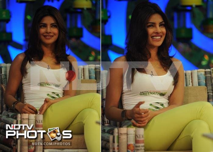 Priyanka is fresh as a daisy in lime green pants and the Greenathon tee.