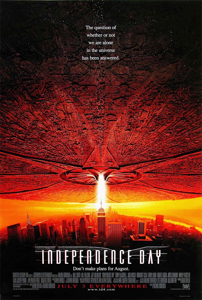 <b>Independence Day</b> (1996): <b>Directed by</b> Roland Emmerich. <b>Starring</b>: Will Smith, Bill Pullman, Jeff Goldblum, Judd Hirsch, Robert Loggia, Mary McDonnell, Margaret Colin, Vivica A. Fox. <b>Memorable Quote</b>: "Good morning. In less than an hour, aircraft from here will join others from around the world. And you will be launching the largest aerial battle in the history of mankind. "Mankind." That word should have new meaning for all of us today. We can't be consumed by our petty differences anymore. We will be united in our common interests. Perhaps it's fate that today is the Fourth of July, and you will once again be fighting for our freedom... Not from tyranny, oppression, or persecution... but from annihilation. We are fighting for our right to live. To exist. And should we win the day, the Fourth of July will no longer be known as an American holiday, but as the day the world declared in one voice: "We will not go quietly into the night!" We will not vanish without a fight! We're going to live on! We're going to survive! Today we celebrate our Independence Day!" (President Thomas Whitmore)