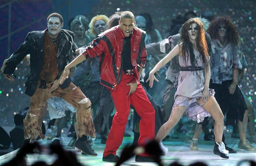 Chris Brown performs Michael Jackson's Thriller, on stage during the World Music Awards at Earls Court in London.