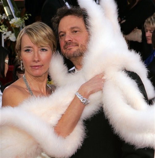 British actors Emma Thompson, left, and Colin Firth arrive for the 63rd Annual Golden Globe Awards in Beverly Hills, Calif.