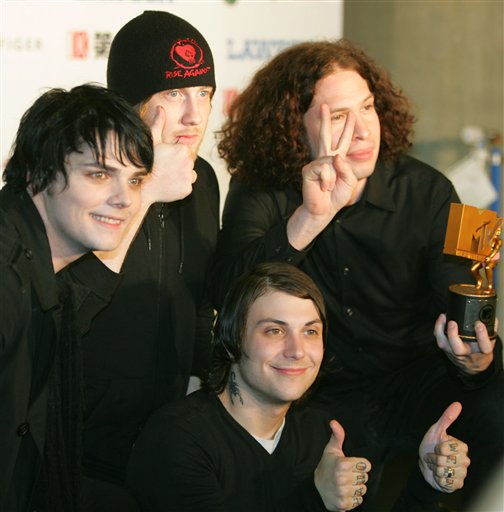 Members of the band My Chemical Romance pose for photographers at a press conference of the MTV Video Music Awards Japan 2007 ceremony in Saitama city.