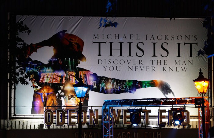 A general view of a large billboard on display in London's Leicester Square at the UK Premiere of Michael Jackson's 'This Is It', Tuesday Oct. 27, 2009. (Photo: AP)