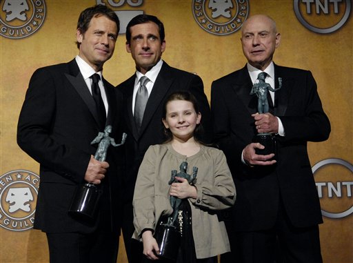 Greg Kinnear, Steve Carell, Abigail Breslin, Alan Arkin hold their awards for outstanding performance by a cast in a motion picture for their work in Little Miss Sunshine, at the 13th Annual Screen Actors Guild Awards