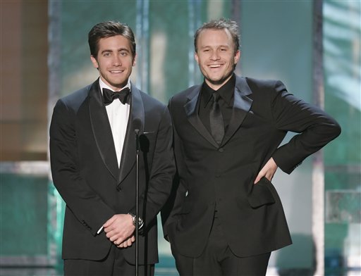 Heath Ledger, right, and Jake Gyllenhaal introduce the clip for nominee Brokeback Mountain, for Outstanding Performance by a Cast in a Motion Picture at the 12th Annual Screen Actors Guild Awards.
