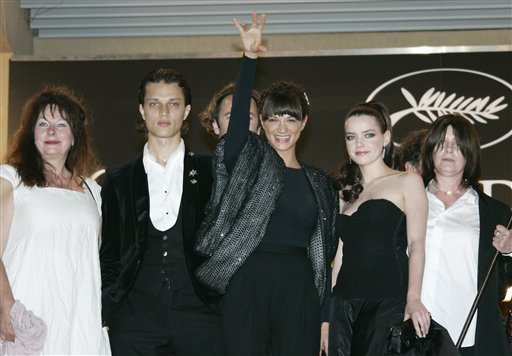 From left, Belgian actress Yolande Moreau, actor Fu'Ad Ait Aattou, Italian actress Asia Argento, actress Roxanne Mesquida and French director Catherine Breillat arrive for the screening of the film Une Vieille Maitresse, at the 60th International film festival in Cannes.
