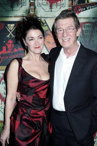 Actor John Hurt and his wife Anwen Rees-Myers arrive to the premiere of his new movie V for Vendetta