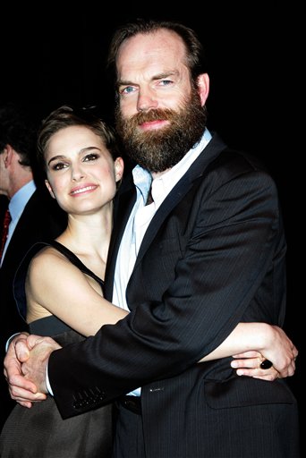 Natalie Portman and Hugo Weaving pose together at the premiere of V for Vendetta