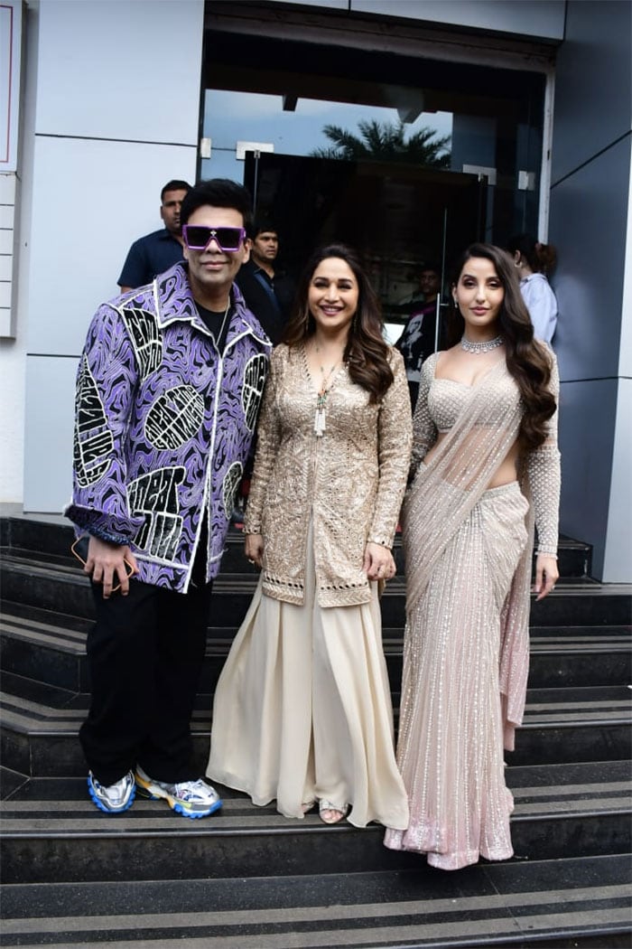 <i>Jhalak Dikhla Jaa</i> judges Karan Johar, Madhuri Dixit and Nora Fatehi posed together. (Image courtesy: Varinder Chawla)