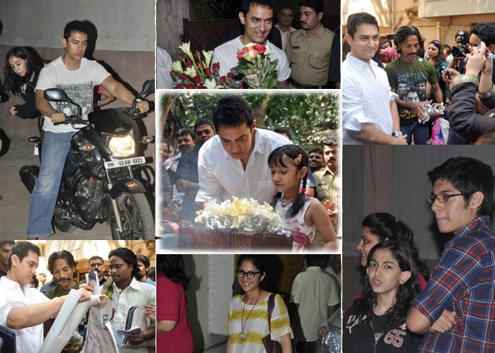 Actor Aamir Khan celebrated his 45th birthday with his family and fans in Mumbai on Sunday. Here are a few snippets.