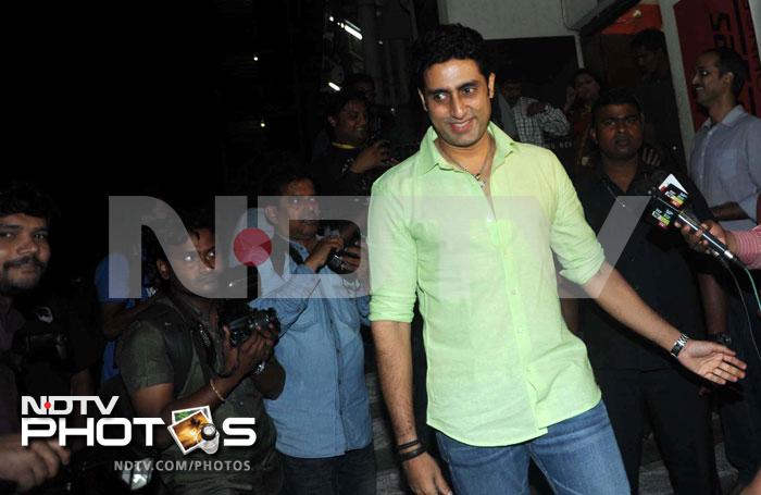 Abhishek Bachchan was at the premiere looking smart in a casual mint-green shirt and jeans.