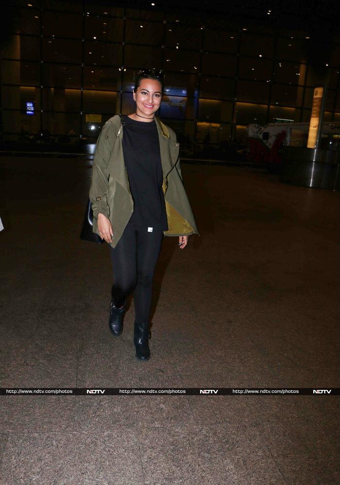 Sonakshi Sinha, who was last seen in Sunhil Sippy's <i>Noor</i>, looked stunning in an all-black outfit paired with a military green oversized coat.