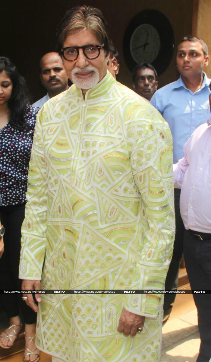 Bollywood <I>Shahenshah</i> Amitabh Bachchan turned 73 on October 11 and interacted with the media at his office in Juhu on his birthday. Big B, who is one of B-Town's most favourite veterans picked a mint-green traditional attire for his appearance.