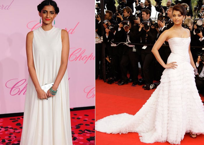 <b>Snow white:</b> Sonam chose another white dress in 2011, wearing a billowy number from The Row which all but swamped her slender frame to the 2011 Chopard party. Ash started the 2009 fashion parade at Cannes  in a floor-sweeping white princess-y Roberto Cavalli number with fitted bodice and a full, layered skirt.