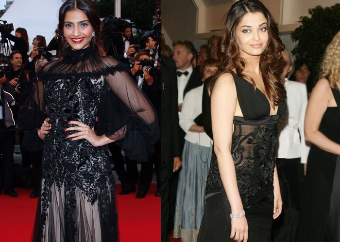 <b>Black shadows:</b> In 2012, Sonam went all out in her only red carpet dress for the year ? an elaborate Alexander McQueen tulle dress with a loose updao and fire engine red lips. In 2005, the usually demure Aishwarya took a style risk in a Gucci dress with a plunging neck and sheer mid-section.