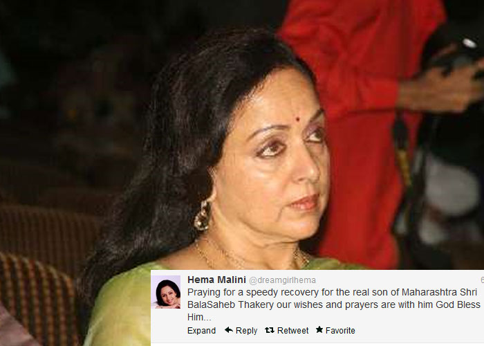 Hema Malini: Praying for a speedy recovery for the real son of Maharashtra Shri BalaSaheb Thakery our wishes and prayers are with him God Bless Him...