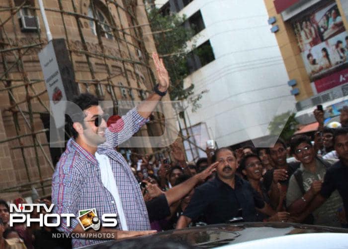 Ranbir waves to the large number of fans that turned up to get a glimpse of their favourite actor.