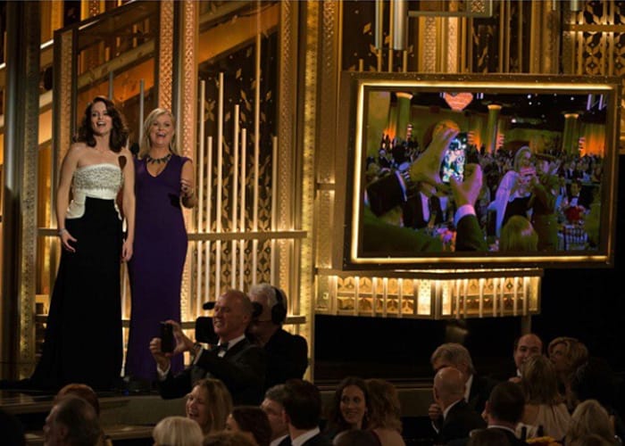 Golden Globe hosts Tina Fey and Amy Poehler were thrilled by the success of the joke they had helped set up. 
<br><br>
This image was posted on Instagram by <a href="http://instagram.com/goldenglobes/?modal=true" target="_blank" rel="nofollow" >goldenglobes</a>