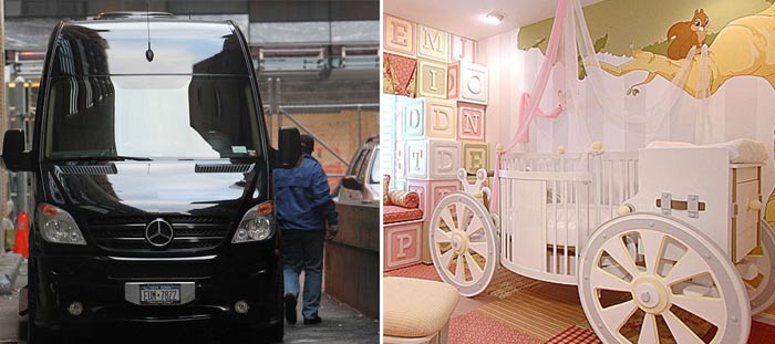 Baby Blue left hospital in a customised Mercedes van. Beyonce has splashed out over $1.5 million on toys and equipment for little Blue Ivy, including a $15,000 high chair and a $30,000 playhouse. "Together they've bought a Swarovski-studded high chair by Carla Monchen for $15,000, and a Fantasy 'posh tots' coach carriage crib for $22,000. <bR><BR>Coming up: Pregnant Beyonc� sets the ramp ablaze