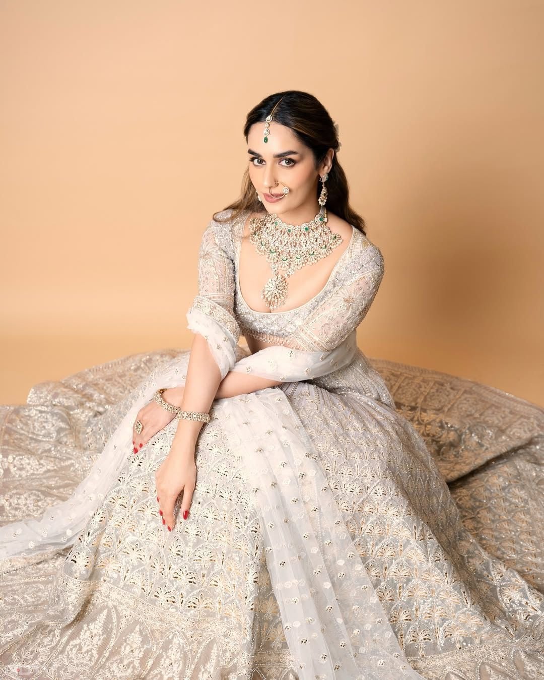 Manushi Chhillar radiated elegance in a silver and white lehenga choli, complemented by a delicate silver nath that stole the spotlight, adding an enchanting touch to her ethereal appearance. (Instagram/@manushi_chhillar)