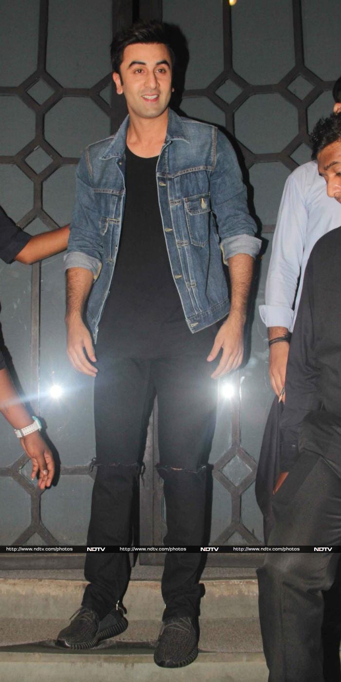 Ranbir Kapoor added a denim jacket to his all black look.