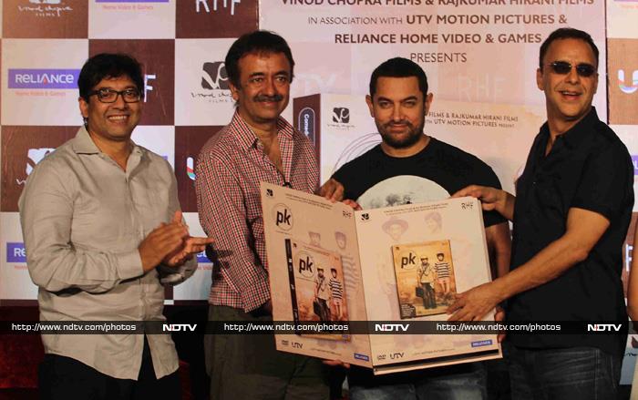 Bollywood actor Aamir Khan, director Rajkumar Hirani, producer Vidhu Vinod Chopra and screenwriter Abhijat Joshi unveiled the DVD of their film <i>PK</i> in Mumbai on March 11. Aamir, who plays an alien in <i>PK</i>, also apologised to those who may have been offended by the film stating that there was no intention by the makers to hurt anyone's religious sentiments.