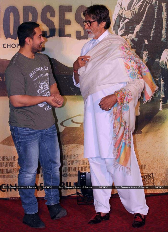 Bollywood's mighty actors Amitabh Bachchan and Aamir Khan shared the platform to launch the trailer of Vidhu Vinod Chopra's first Hollywood film <i>Broken Horses</i> in Mumbai on March 10.<br><br>

Aamir, who is beefing up for the role of a wrestler in his next film, was seen in conversation with Mr Bachchan at the event.