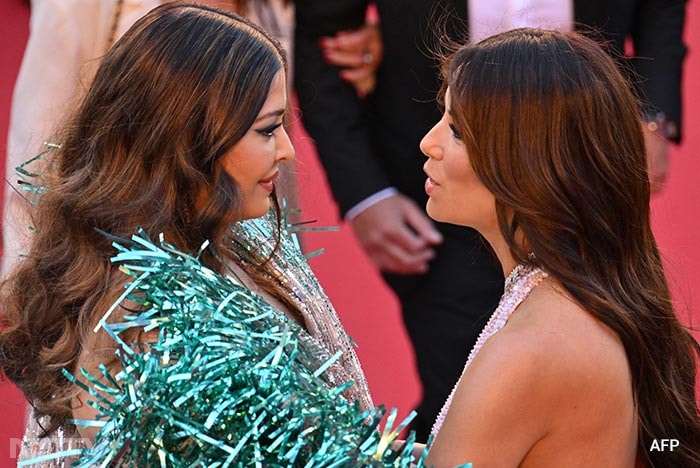 Aishwarya Rai Bachchan and Eva Longoria attended the screening of <i>Kinds Of Kindness</i>. (Image courtesy: AFP)