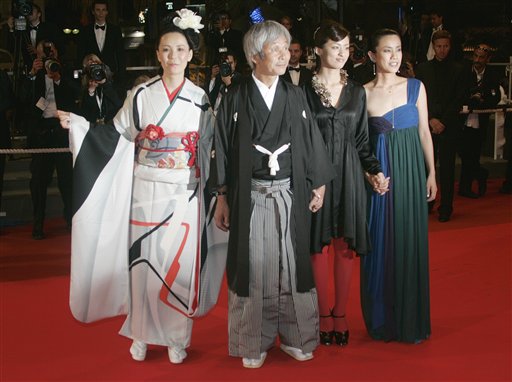 From left, Japanese director Naomi Kawase, actor Shigeki Uda, and actresses Machiko Ono and Makiko Watanabe arrive for the screening of the film Mogari No Mori, at the 60th International film festival in Cannes.