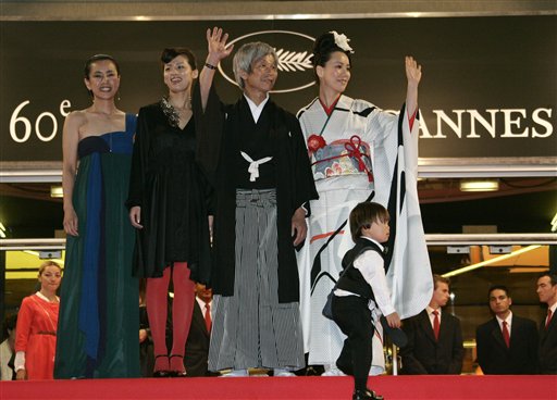 From right, Japanese director Naomi Kawase, actor Shigeki Uda, and actresses Machiko Ono and Makiko Watanabe arrives for the screening of the film Mogari No Mori, at the 60th International film festival in Cannes.