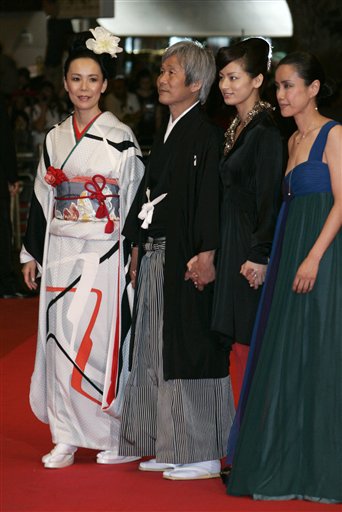 From left, Japanese director Naomi Kawase, actor Shigeki Uda, and actresses Machiko Ono and Makiko Watanabe arrives for the screening of the film Mogari No Mori, at the 60th International film festival in Cannes.