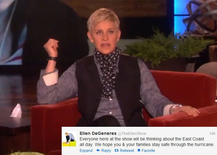 Ellen DeGeneres: Everyone here at the show will be thinking about the East Coast all day. We hope you & your families stay safe through the hurricane.