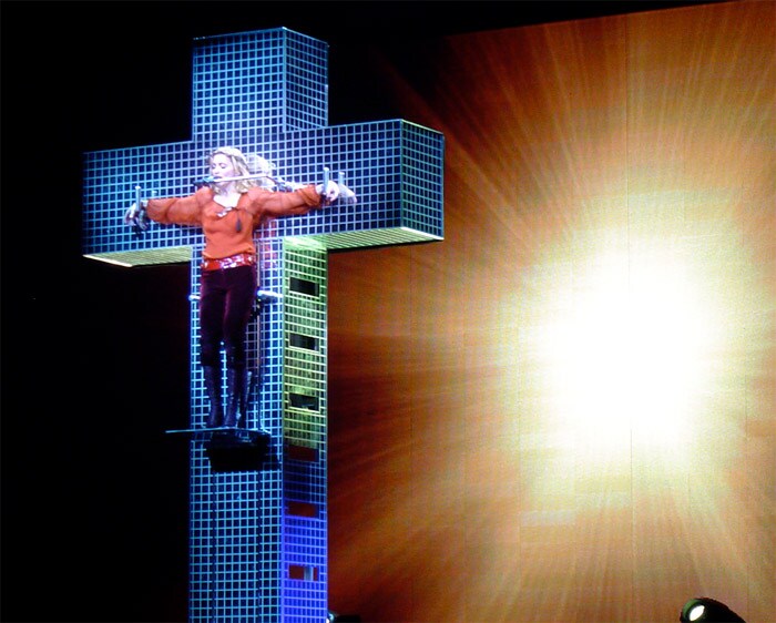 When Madonna mounted a giant mirrored cross as part of her elaborate Confessions tour, it invited a howl of protest from Christians all over the world. The use of Christian imagery for an entertainment show was decried by the Vatican and many thought the pop queen had gone a bit too far by wearing a mock Jesus-style crown of thorns on stage. Madonna, whose video for 'Like a Prayer' had also left some religious leaders cold two decades ago, explained that she wasn't mocking the church and considered the scene no different than a person who wears a cross.